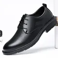 Black leather business dress shoes with hollow breathable design for men - 36 / Perforated Business Leather Shoes (6201) / Black Hollow-out