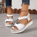 Stylish white wedge sandals with silver metallic rings and decorative hemp rope sole. - 36 / White