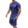 Men's purple sport casual suit featuring short sleeve tee and shorts with palm tree print - Navy Blue