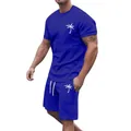 Full view of men's blue summer lounge set showing the palm tree embroidery detail - Klein Blue