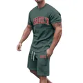 Front view of a men's dark green summer casual set with red Brooklyn varsity print - S / Top And Bottom / Bean Green