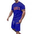 Detailed view of a blue men's sportswear set featuring Brooklyn varsity style print - Klein Blue