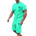 Men's athletic two-piece summer set with palm tree print in vibrant mint green - Lake Blue