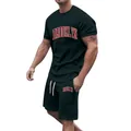 Detailed view of the men's summer sports leisure set featuring a red Brooklyn letter print - Black