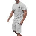 Men's summer casual sports set featuring grey t-shirt and shorts with palm tree logo - S / Top And Bottom / Light Gray
