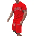 Detailed shot of a men's vibrant red Brooklyn letter print sports T-shirt and shorts set - Red