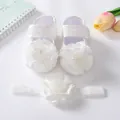 Weiße Baby-Lace-Prinzessin-Schuhe mit Blumen-Stirnband-Set für Neugeborene Taufe - Doppelter Blumenstil (24-1)