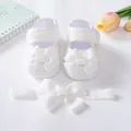 Exquisite weiße Neugeborenen-Babyschuhe aus Spitze mit passendem Schleifen-Stirnband - Schnallknoten-Stil (24-1)