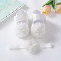 Elegante weiße Prinzessinnenschuhe aus Spitze mit passendem Stirnband für Babys - Gepunkteter Blumenstil (24-1)