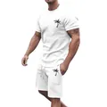 Close-up of men's white summer leisure set with palm tree logo on t-shirt and shorts - S / Top And Bottom / White