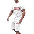 Full view of men's white athletic t-shirt and shorts set with red Brooklyn varsity print - S / Top And Bottom / White