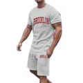 Men's light grey summer sports set with red Brooklyn print on T-shirt and shorts - Light Gray