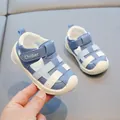 Sandales pour tout-petits en cuir bleu et blanc avec semelle souple antidérapante et velcro - Bleu