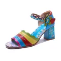 Levendige bohemian patchwork lederen sandalen met hoge hakken en bloemendecoraties - 36 / Blauw