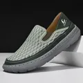 Men's breathable mesh slip-on shoes in olive green and grey with soft sewn sole - 38 / Green