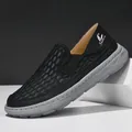 Men's breathable black mesh slip-on casual shoes with comfortable grey soft sole - Black