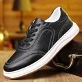 Close-up detail of premium black leather men's sneakers with white sole and fine stitching - 37 / Black (Four Seasons Style)