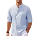 Detailed view of light blue men's waffle texture shirt with stand collar design - Light Blue