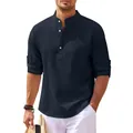 Close-up of men's navy blue waffle knit shirt with stand collar and buttons - Navy Blue