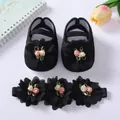Detailed view of elegant black soft-sole baby princess shoes and matching floral headband set - Size 12 (Inner 11cm) / Black (With Headband)