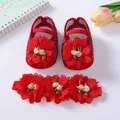 Elegant red baby floral princess shoes and matching headband set for newborn gift - Size 12 (Inner 11cm) / Red (With Headband)