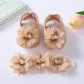 Elegant soft sole baby girl princess shoes with a matching large floral headband set - Size 12 (Inner 11cm) / Khaki (With Headband)