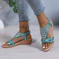 Bohemian rhinestone wedge sandals in shimmering teal for a stylish summer look - Lake Blue