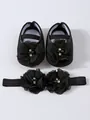 Black soft-sole infant princess shoes and matching flower headband set for newborns - Size 11 (Inner Length 10.5CM) / Shoes And Headband Set / Black