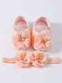 Peach baby princess shoes and matching floral headband set with faux pearl details - Size 11 (Inner Length 10.5CM) / Shoes And Headband Set / Ivory