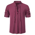 Casual men's wine red cotton linen Henley shirt with lace-up front and stand collar style - Burgundy