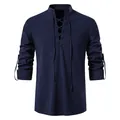 Camisa Henley de algodón azul marino para hombre con cordones frontales y mangas ajustables - S / Tops / Azul marino