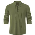 Vista frontal de camisa de lino verde oliva con cordones y detalles de cuello mao - S / Tops / Verde Militar