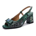 Detailweergave van handgemaakte groene lederen reliëf sandaal met blokhak voor dames - 36 / Vintage Groen