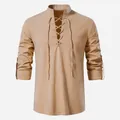 Casual men's cotton linen Henley shirt featuring a lace-up stand collar in khaki beige - Apricot