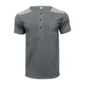 Men's grey short sleeve Henley shirt with shoulder color block and chest pocket detail. - Iron Grey