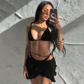 Ensemble bikini 3 pièces en dentelle noire avec mini-jupe à volants pour les vacances - Noir