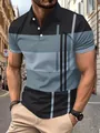 Men's casual short sleeve polo shirt with grey striped pattern on model - S / Tops / Gray