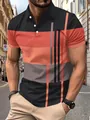 Close-up detail of men's casual short-sleeve polo shirt with geometric stripe pattern. - S / Tops / Orange Red