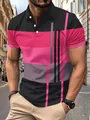 Gedetailleerde weergave van heren poloshirt met roze en zwarte gestreepte print - Dieproze