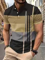Detail van een casual poloshirt voor heren met getextureerd gestreept kleurblokontwerp. - Khaki
