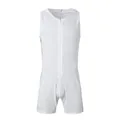 White men's sleeveless bodysuit featuring a full front zipper and colorful side stripes. - L / Top And Bottom / White