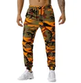 Close-up of men's orange camouflage jogger pants with elastic waist and cargo pockets - M / Bottoms / Orange