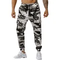 Men's stylish camouflage cargo joggers featuring drawstring waist and white sneakers - M / Bottoms / Gray White Camouflage