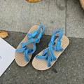 Handmade blue rope woven summer sandals with textured beige straw sole for beach wear - 35 / Sky Blue
