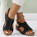 Casual black women's platform wedge sandals with white stitching and cutout design - 36 / Black