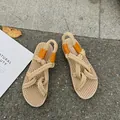Handmade hemp rope woven sandals with orange accents for summer beach wear - 35 / Beige