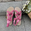 Handmade pink rope braided sandals with beige woven soles for summer beach style - 35 / Pink