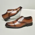 Premium classic brown leather cap-toe oxford shoes for men's business formal wear - 39 / Tan