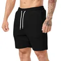 Detail van zwarte corduroy herenshort met wit trekkoord en elastische tailleband. - S / Bottoms / Zwart