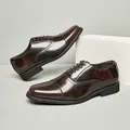 Classic brown leather business Oxford shoes with cap-toe design for formal wedding wear - 39 / Dark Brown